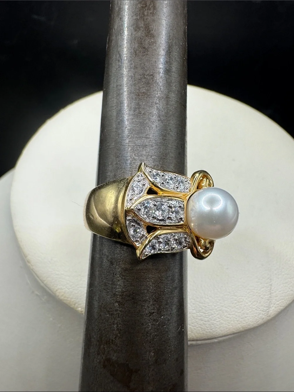 HSN Victoria Wieck Gold overlay sterling silver Real Pearl Ring Pavé Crystal sz7